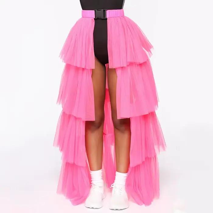 Jupe Longue Plissée Néon Transparente en Maille Multicouche pour Femme
