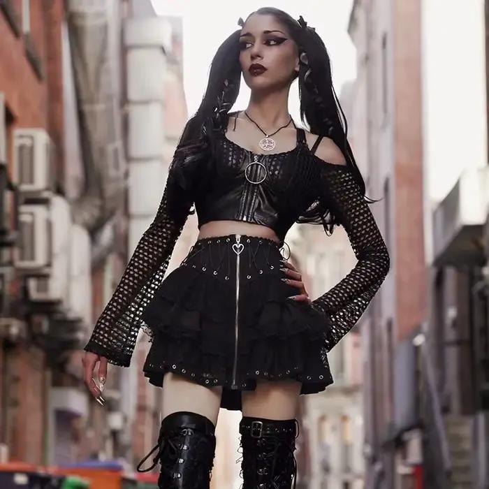 Gothique patineuse Punk Vintage taille haute jupe femmes fermeture éclair avant Style japonais Kawaii noir Harajuku Cosplay Mini jupes