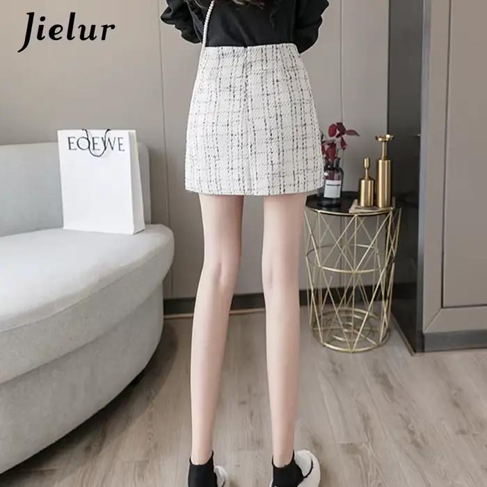 Jielur Femmes Jupe A-ligne Slim Taille Haute Fermeture Éclair Automne Hiver Noir Mini Jupes