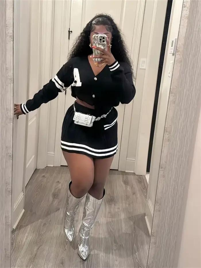 Ensemble pull et jupe plissés en tricot pour femmes