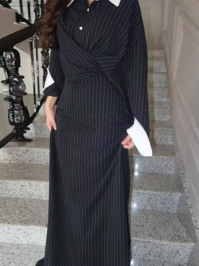 Ensemble jupe à rayures élégante pour femmes, mode revers Patchwork, chemise à manches longues, paquet de hanches, jupes longues, tenues d'été et d'automne pour dames, 2025