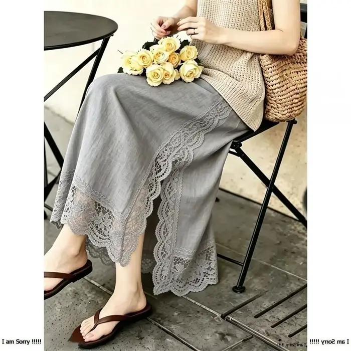 Jupe longue fendue taille haute en lin-coton pour femme