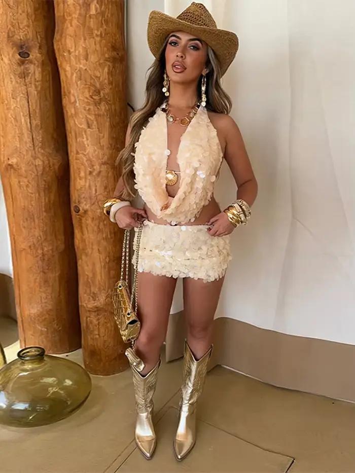 Mini jupe à paillettes pour femmes, ensemble de vacances d'été, col bénitier, col licou, haut court, dos nu, au-dessus du genou, ensembles de plage blancs