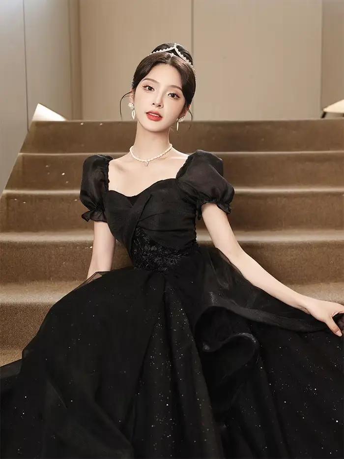 Robe de Soirée Longue Noire pour Femme, Tenue Française, Haut de Gamme, Manches Bouffantes, Demoiselle d'Honneur, Mariage, Nouvelle Collection