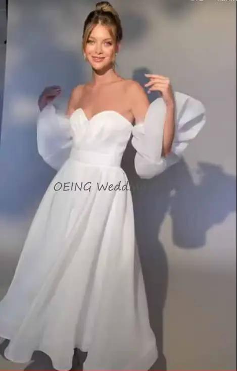 Robe de mariée mi-longue ligne A, manches bouffantes, robe courte, robes de patients simples, dos nu, chérie blanche, longueur rinçage, 2023