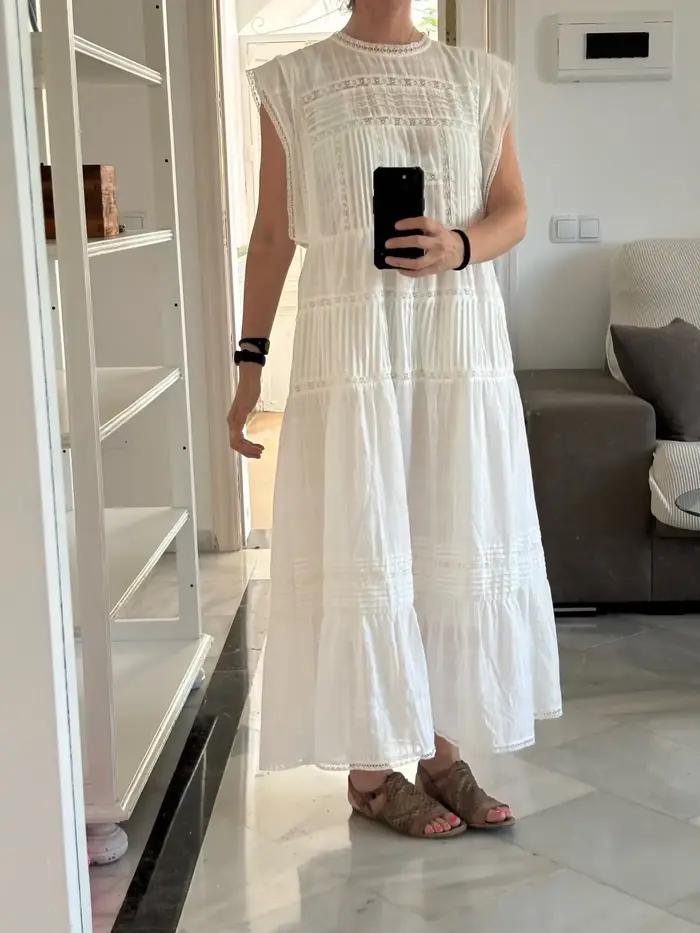 Robe midi noire en coton avec dentelle guipure, robe femme, nouvelle robe bohème d'été