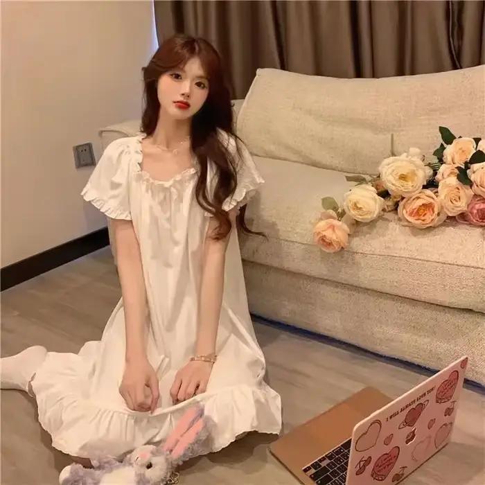 Chemises de nuit blanches mi-longues, pyjamas d'été, vêtements de maison pour femmes, nouvelle robe coréenne, vêtements de nuit sexy pour dormir, haut pour femme