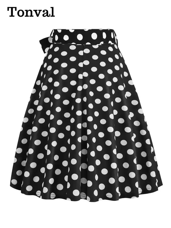 Tonval-Jupe évasée trapèze ceinturée à pois taille haute pour femmes