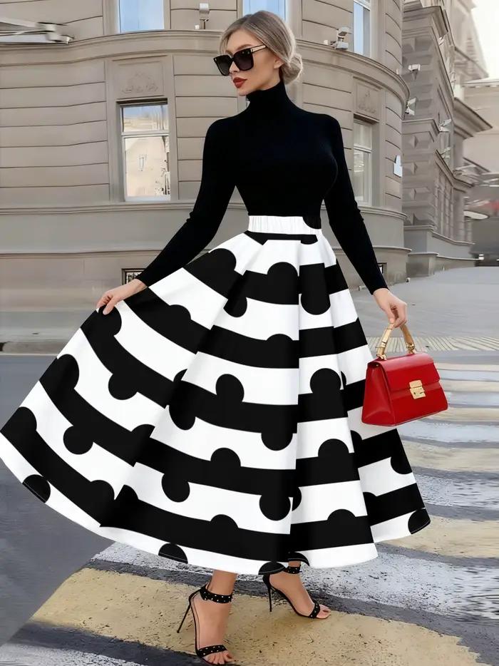 Jupe midi décontractée à pois et rayures noires et blanches pour femme, coupe trapèze, taille haute, idéale pour l'été, le bureau, les soirées et le travail, jupe tendance