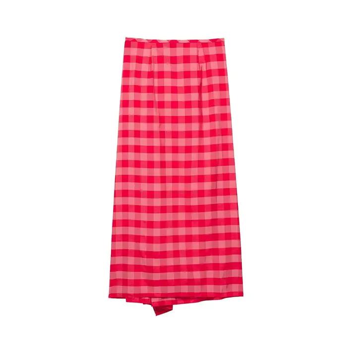Jupe midi amincissante asymétrique à carreaux rose bonbon
