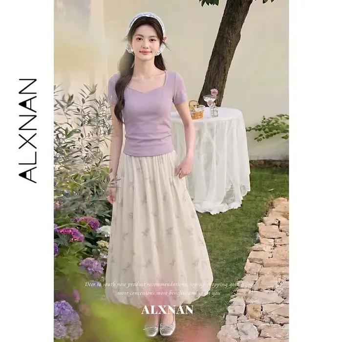 Jupe longue brodée florale ALXNAN pour femme, taille haute, élégante, tendance, pour les vacances, collection 2026, L66263A