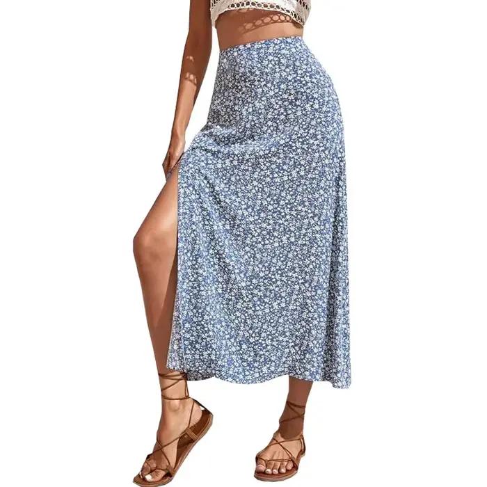 Jupe longue à imprimé floral polyestère mousseline taille haute ourlet fente tenue d'été décontractée ligne a hanches sexy slim chic nouvelle collection 2022