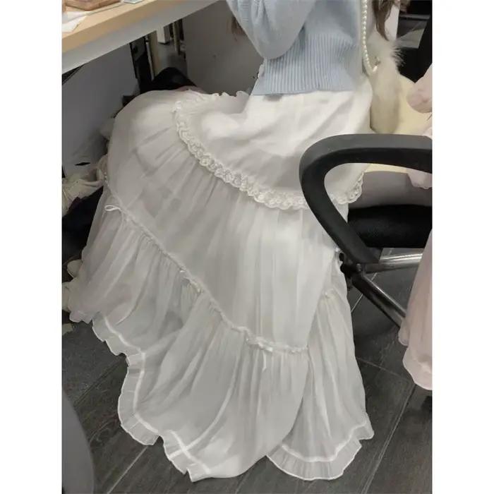 Jupes douces femmes nœud dentelle Patchwork élastique taille haute printemps été 2025 mode japonaise élégante jupe longue femme décontracté