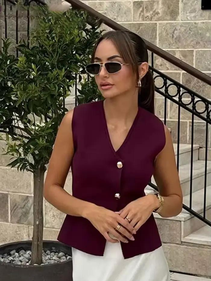 HH 2025 femmes jupe ensemble vin rouge tricoté col en v sans manches mince gilet + solide taille haute fermeture éclair