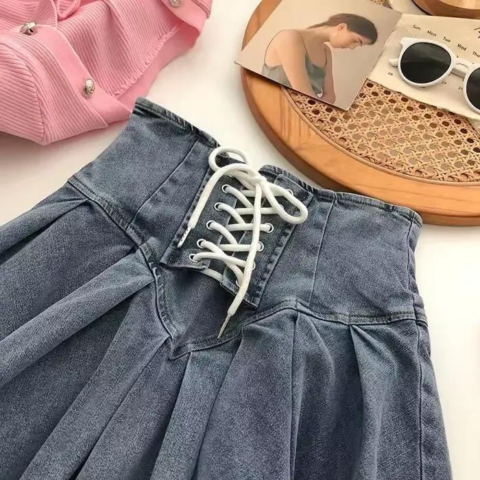 Nouvelle jupe plissée en jean pour filles, collection Printemps-Automne, jupe-short pour enfants, bas de tenue tendance pour enfants, taille extensible avec laçage, 3-14 ans