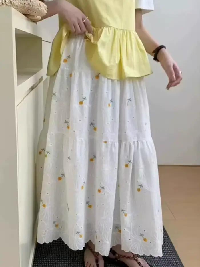 LANMREM brodé dentelle florale jupe Midi pour les femmes 2025 été automne doux a-ligne jupes longues vêtements de sport 2DM1093