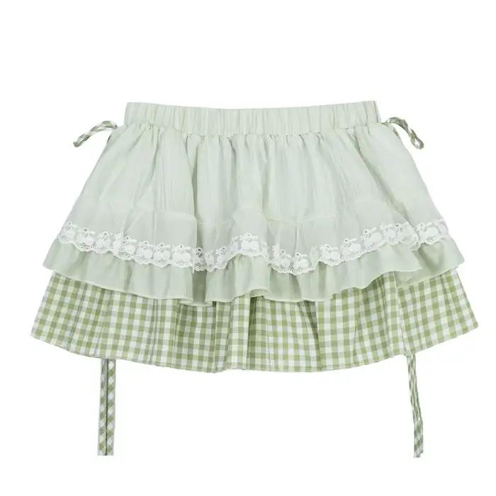 Mini-jupe verte à carreaux à volants pour femme