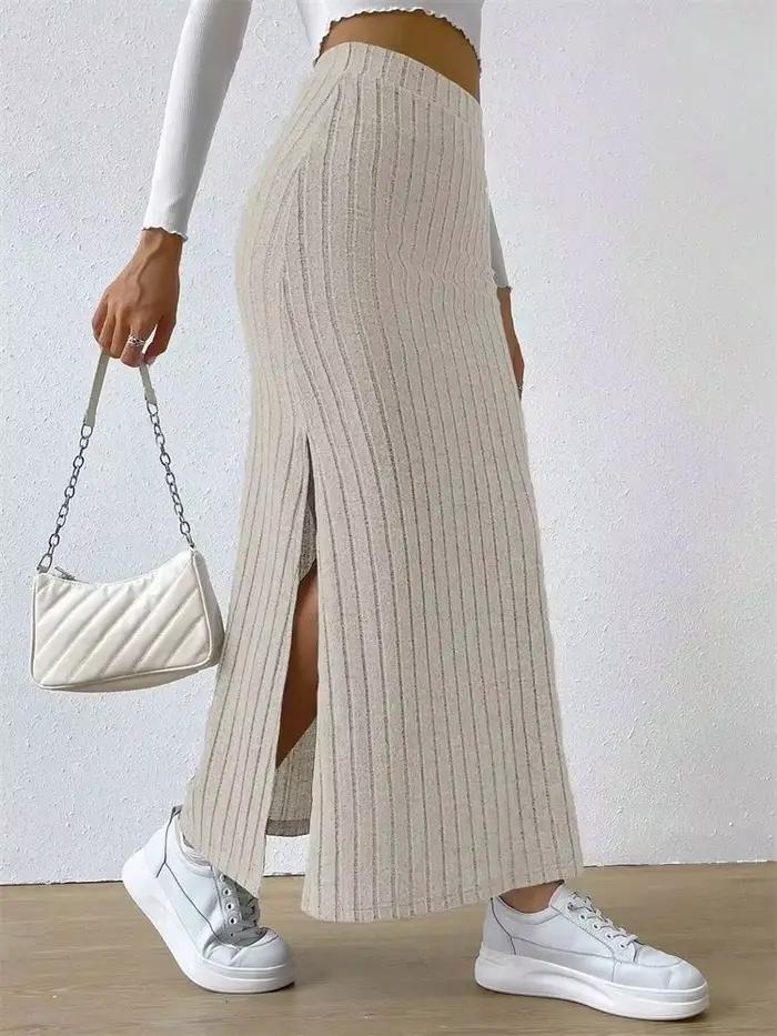 Femmes côtelé côté fendu Maxi jupe automne printemps décontracté élégant taille haute