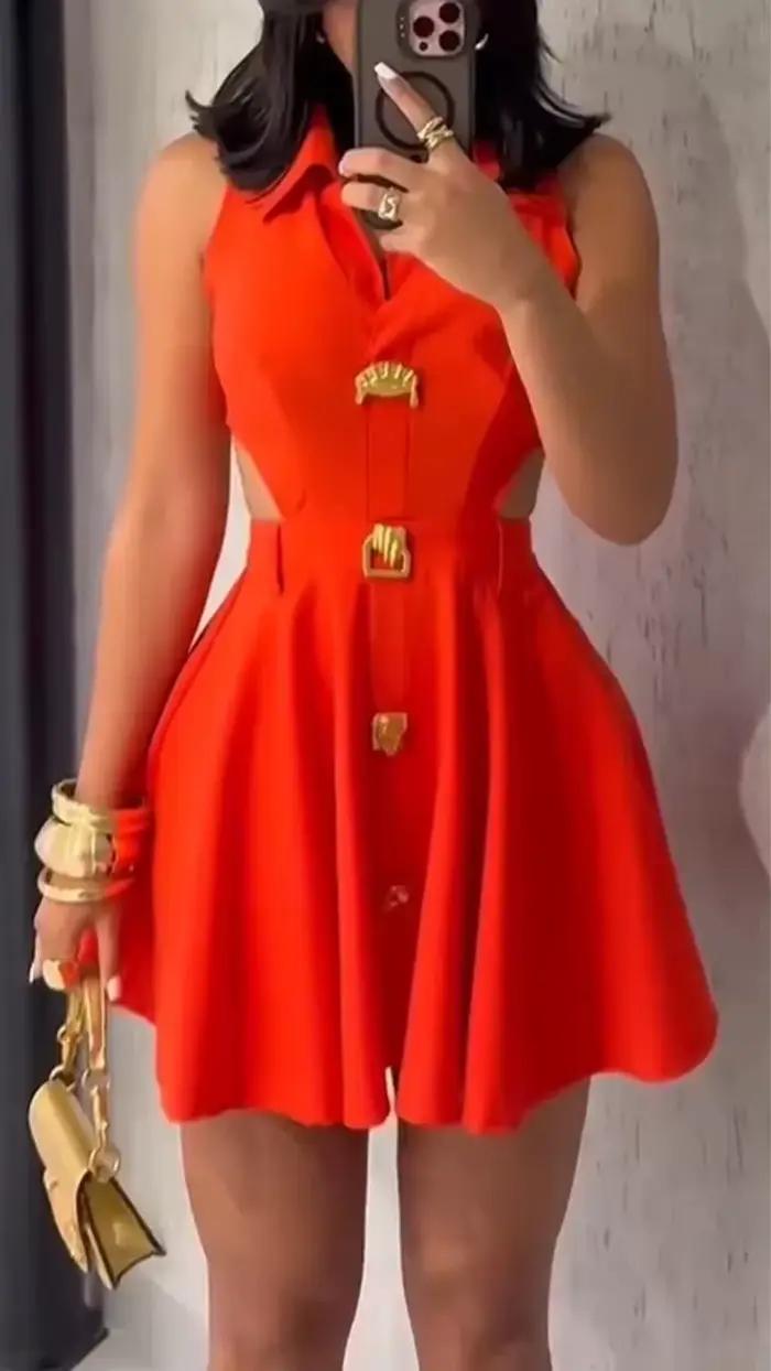HBLL femmes jupes courtes élégantes boucle en métal boutonné vêtements d'extérieur formels dames chemise à revers évidé robe de soirée a-ligne