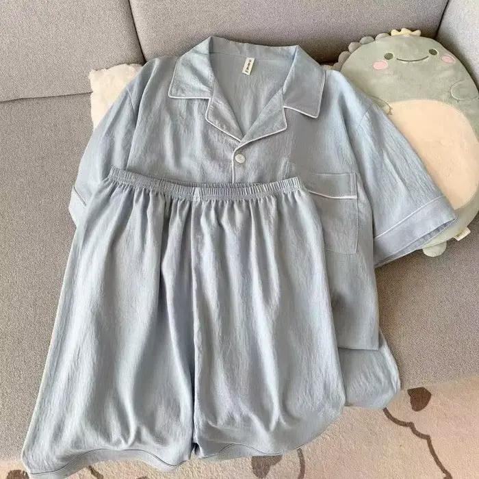 Ensemble de pyjama pour homme, coupe slim, nouveau, couleur unie, haut à manches courtes à col rabattu et short élastique, pyjama d'été, vêtements de détente, vêtements de nuit
