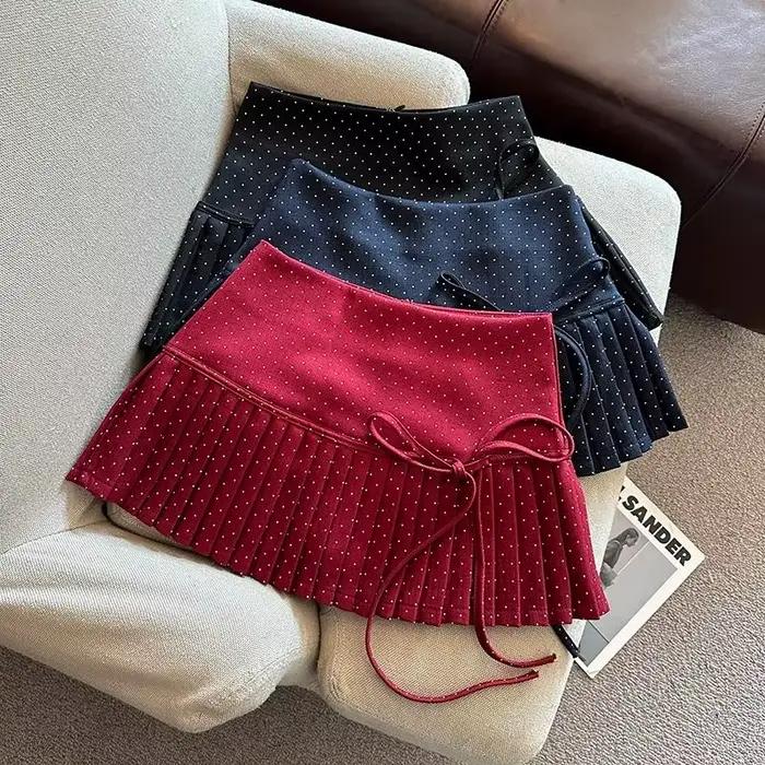 Jupe plissée à pois pour femmes, jupe rouge avec nœud papillon, un mot, 2026