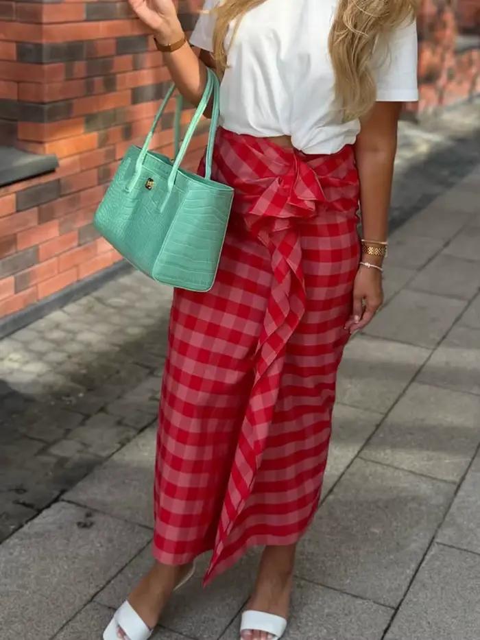 Jupe midi élégante HH en tissu écossais rouge pour femme