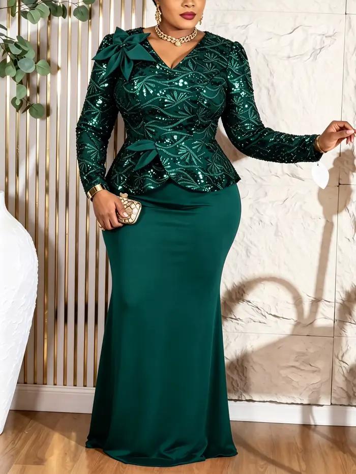 Robe élégante pour femme à sequins col en V manches longues motif floral 3D taille cintrée avec péplum ourlet sirène pour mariages cocktails événements