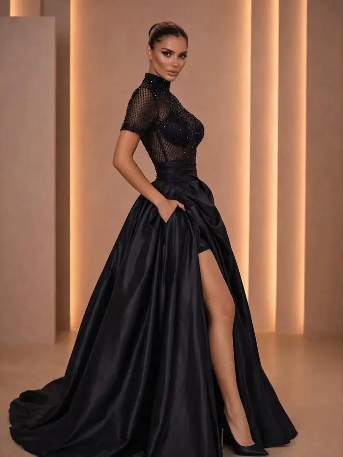 Jupe longue fendue noire taille haute coupe trapèze avec traîne et poches latérales