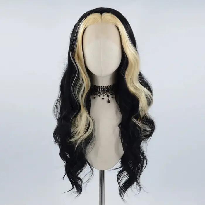 Perruque noire avec mèches blondes 13x4, longue perruque synthétique à ondulations naturelles avec dentelle frontale, pour usage quotidien, Halloween et cosplay