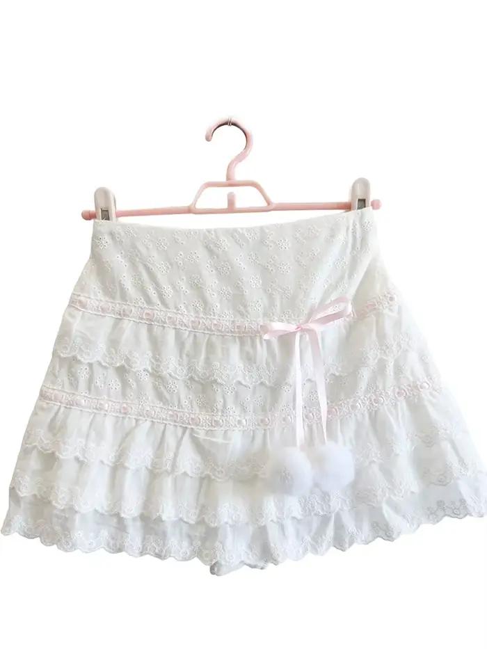Jupes blanches pour filles adorables, décorées de fleurs brodées, avec un nœud, taille élastique, jupes courtes en coton à plusieurs couches, mignonnes, pour femmes