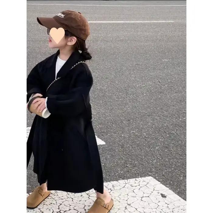 Manteau en laine mi-long pour enfants, manteau simple, noir, style français, garçon, fille, printemps, automne