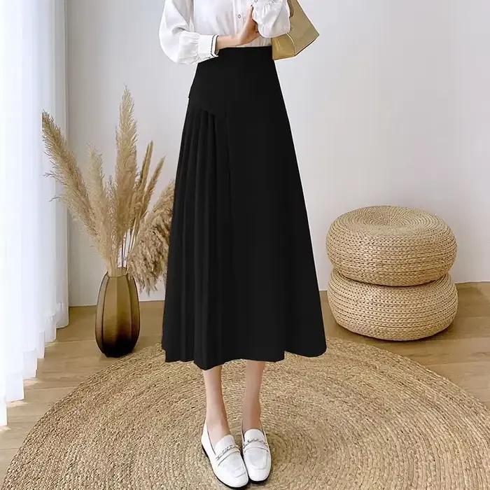 Jupe Mi-longue Femme Style Coréen Bureau Élégante Polyvalente Occasions Spéciales Polyester Coton Acétate Plissé Blanc Noir