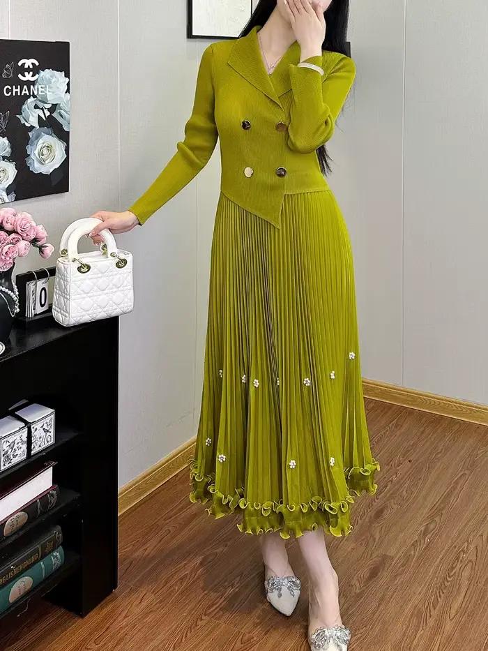 EGRM Miyake robe longue plissée automne offre spéciale femmes Double boutonnage taille cintrée minceur haut de gamme élégant jupe polyvalente