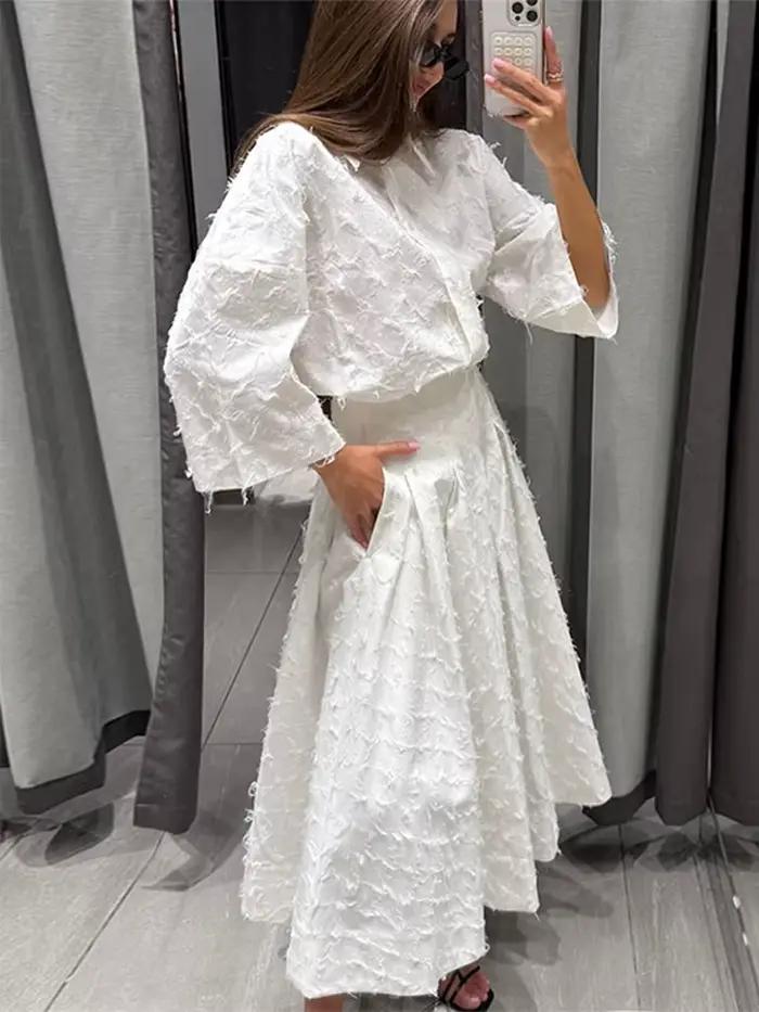 Élégant franges chemise jupe ensemble femmes demi manches revers simple boutonnage chemises a-ligne jupes longues costume 2025 été dame ensembles