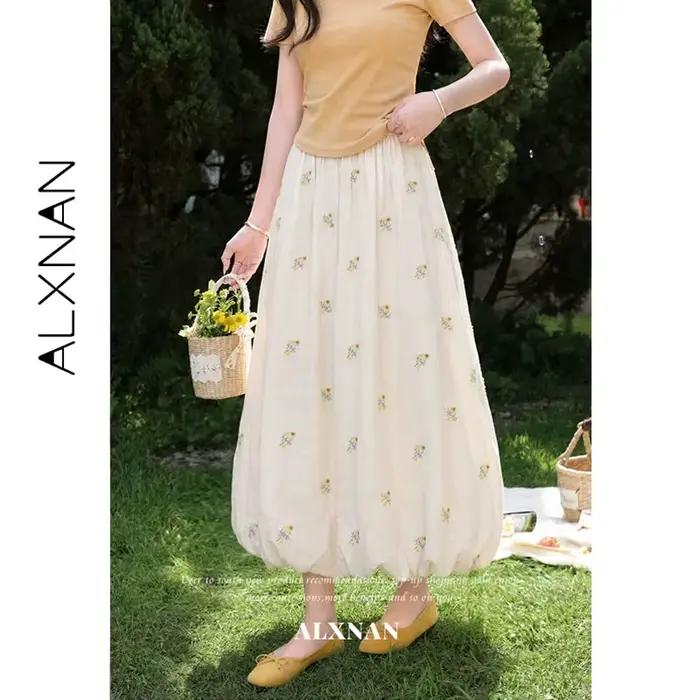 Jupe longue brodée florale ALXNAN pour femme, taille haute, élégante, tendance, pour les vacances, collection 2026, L66263A
