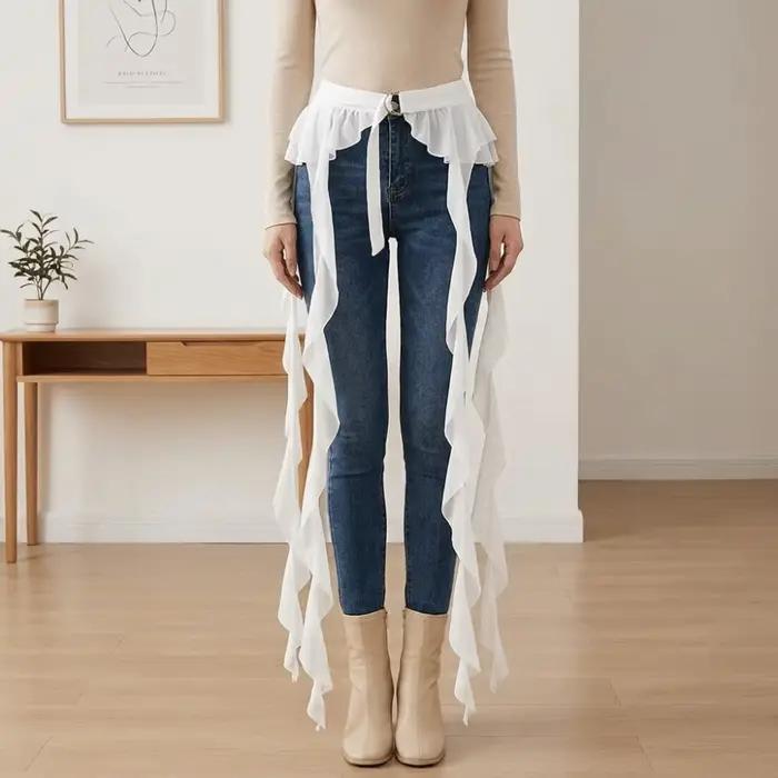 Jupe cache-cœur ajustable à boucle, taille haute, style Y2K, mini tablier, couleur unie, ourlet irrégulier, volants, superposition cache-cœur