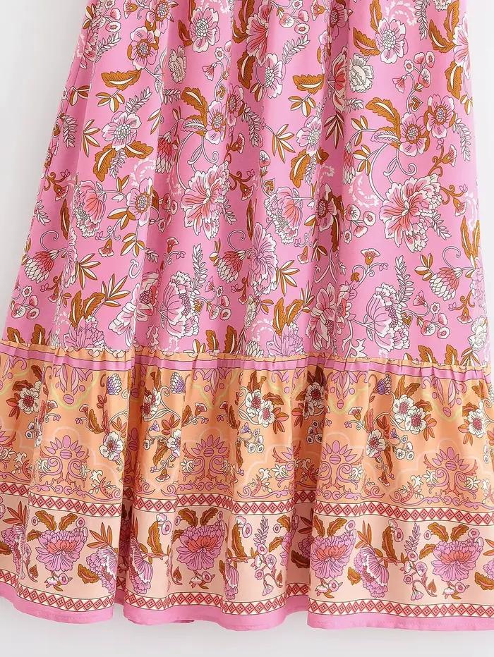 2025 BOHO rose contraste imprimé fleuri Maxi jupe longue épissé à volants ourlet Hippie femmes boule gland nœud taille balançoire jupes vacances