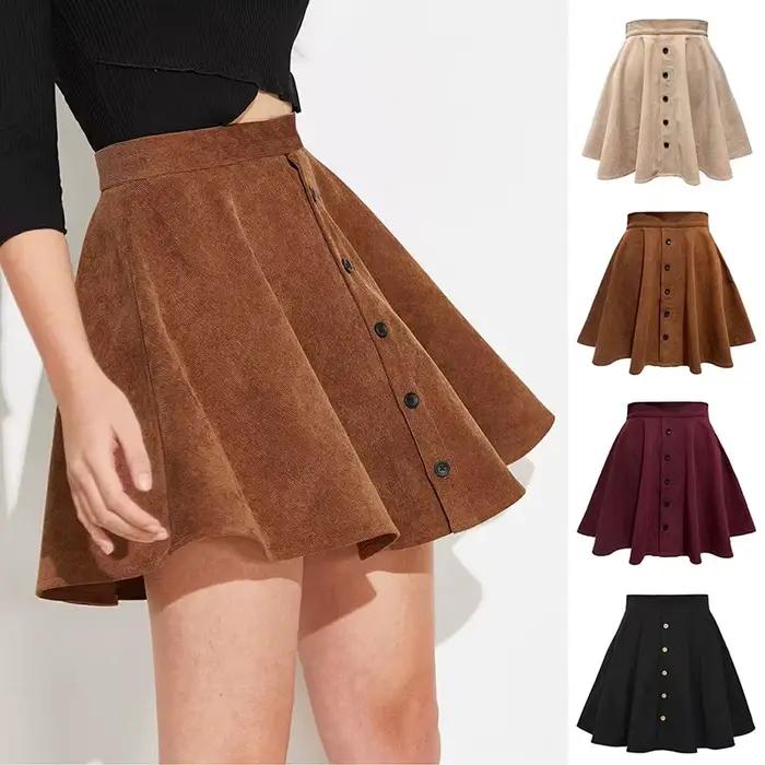 Jupe moelleuse femme élégante boutonnage polyester velours côtelé mini haut plissé automne hiver occassions spéciales