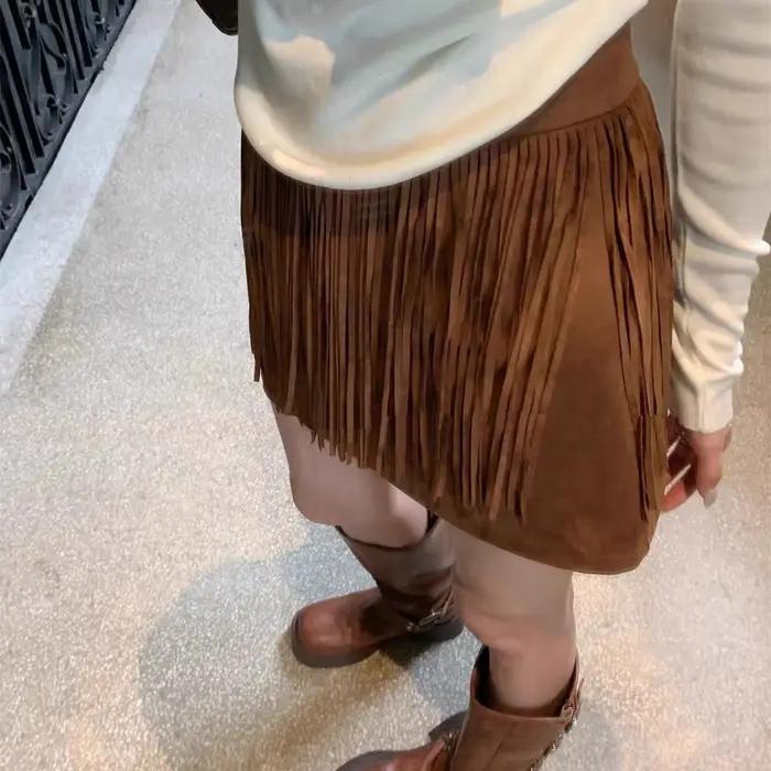 Jupe à franges rétro pour filles, nouvelle jupe Anti-exposition aux hanches, taille haute, Slim, polyvalente, ligne a, automne et hiver
