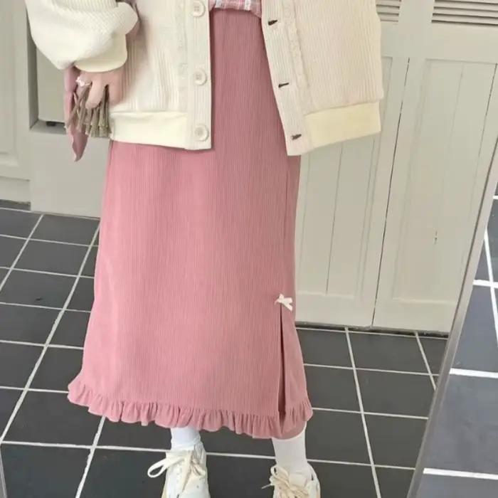 Jupe Estceque Rose Ample Fendue Pour Femmes Junior Style Préppy Occasions Automne Hiver