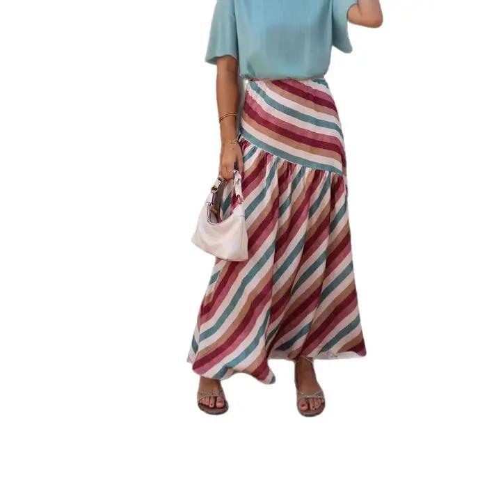 Printemps automne rayure imprimé jupes femmes mode décontracté vacances Style a-ligne jupe
