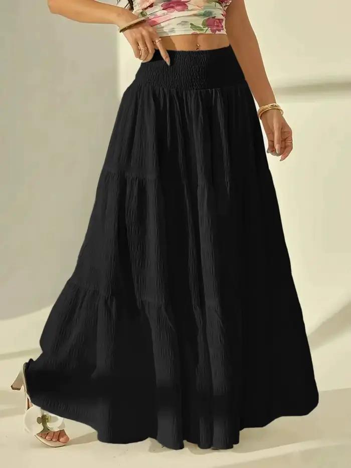 Jupe longue superposée à la mode pour femmes, grande taille, décontractée, couleur unie, taille élastique, demi-jupe pour vacances, date ou vacances
