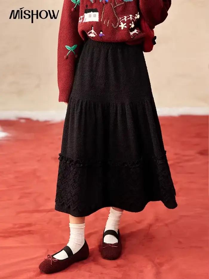 MISHOW-Jupe plissée en dentelle coréenne pour femme, jupe longue épissée, tempérament mince élégant, nouveau, printemps, 2025, MXD59B0632