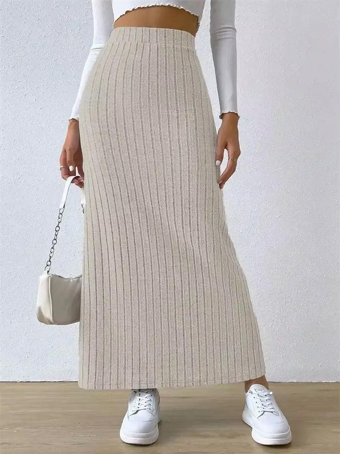 Femmes côtelé côté fendu Maxi jupe automne printemps décontracté élégant taille haute