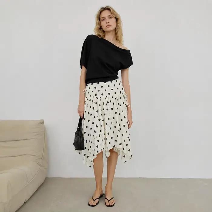 Jupe mi-longue décontractée pour femme, style vintage à pois, ourlet asymétrique, taille haute, cordon de serrage, fluide, blanc et noir, streetwear