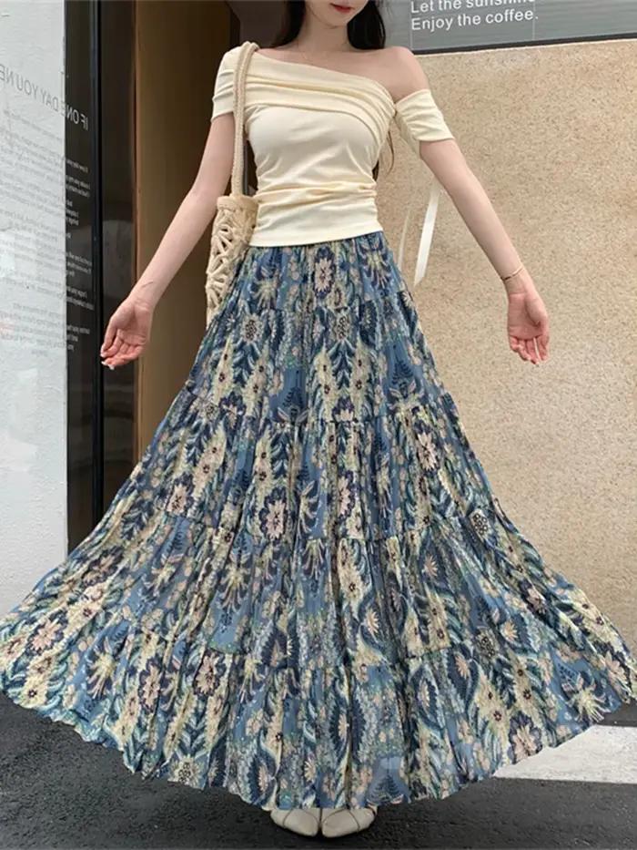 Jupes longues en mousseline de soie de style ethnique bohème pour femmes