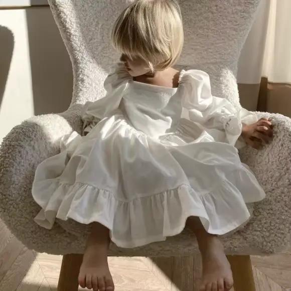 Jupe Lolita en coton et lin pour enfants, robe de princesse simple, col monochrome, rétro