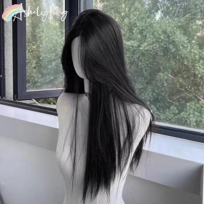 Perruque noire pour femmes, cheveux longs et lisses, bandeau, perruque Lace Front Wig, tempérament Cosplay pour usage quotidien, perruques synthétiques noires Lolita
