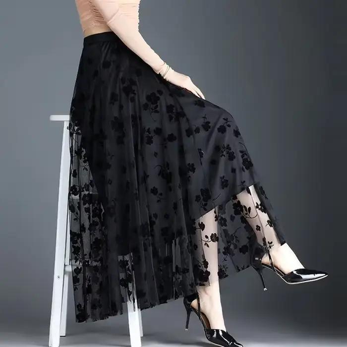 Nouvelle Jupe Midi Plissée en Tulle Fleuri pour Femme