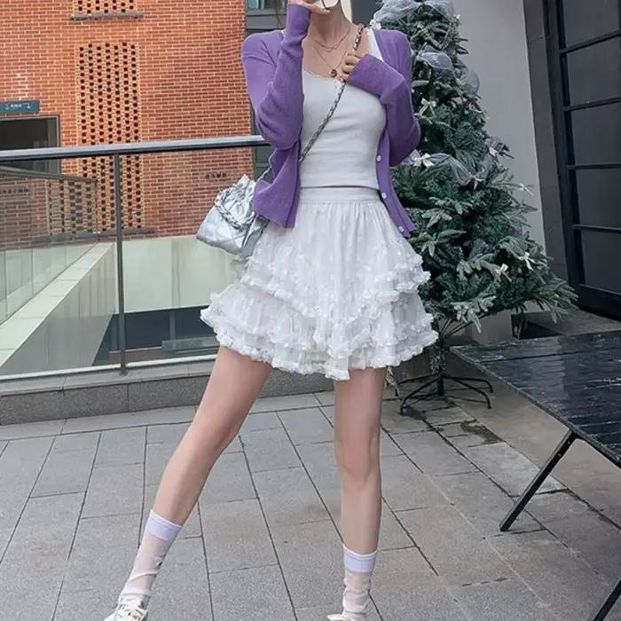Jupe mi-longue décontractée taille haute en dentelle blanche et maille
